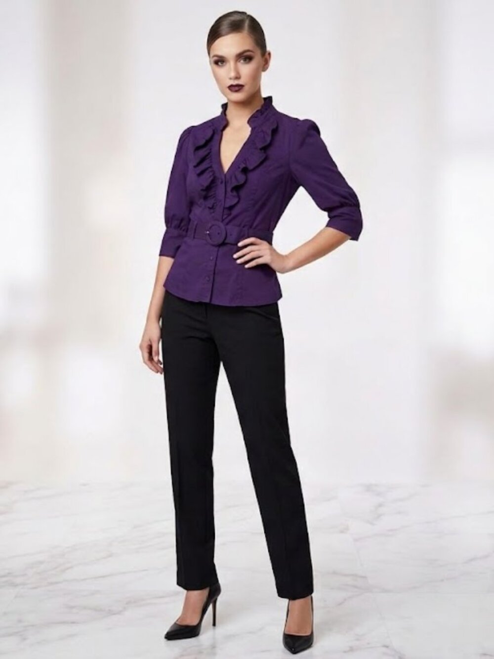 Bebe‎ Deep Purple Ruffle Top Small - Picture 4 of 14